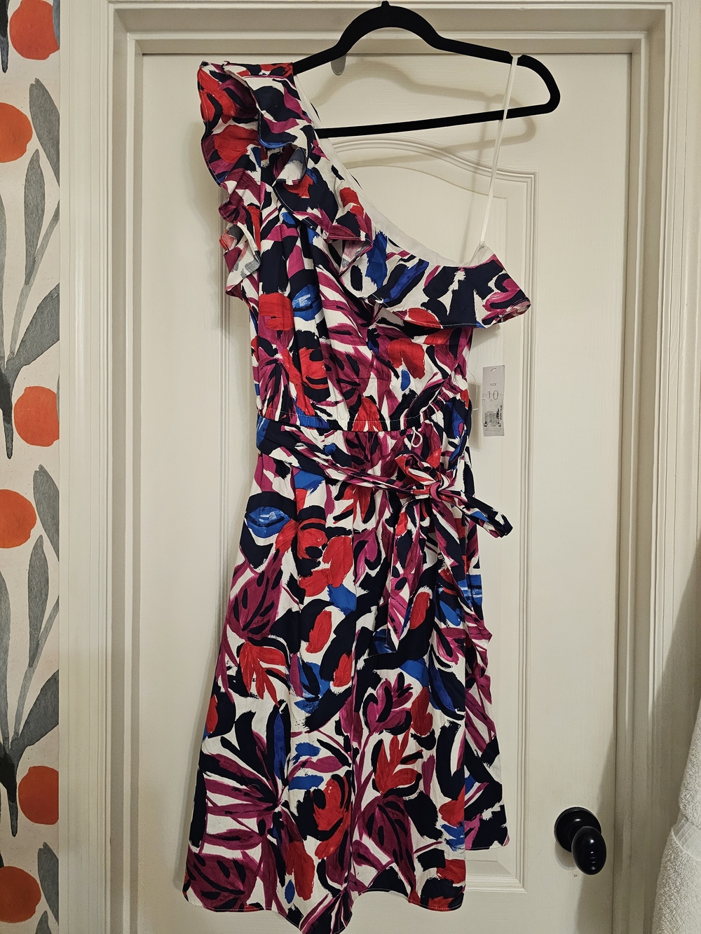 Donna Morgan One-Shoulder Ruffle Floral Dress in Red, Pink, Blue